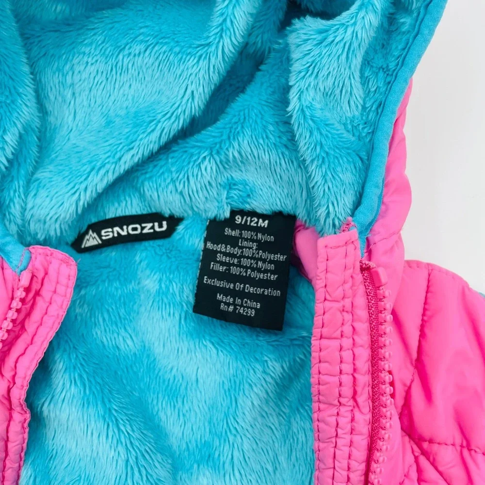 EUC Snozu Baby Pink Quilted Snowsuit Bunting Hooded Zip Cozy Sherpa Lined9-12 Mo